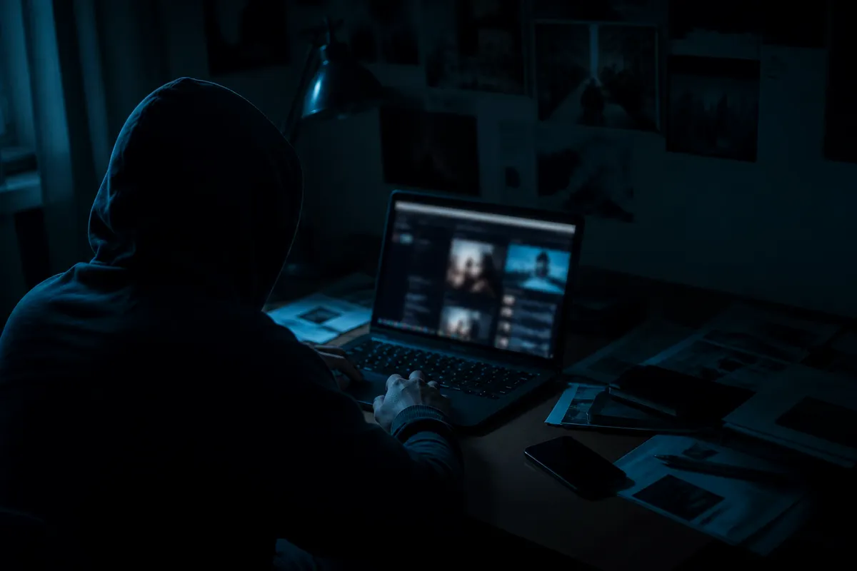 A person in a dim room focused on a laptop, symbolizing exploration of black web pages.