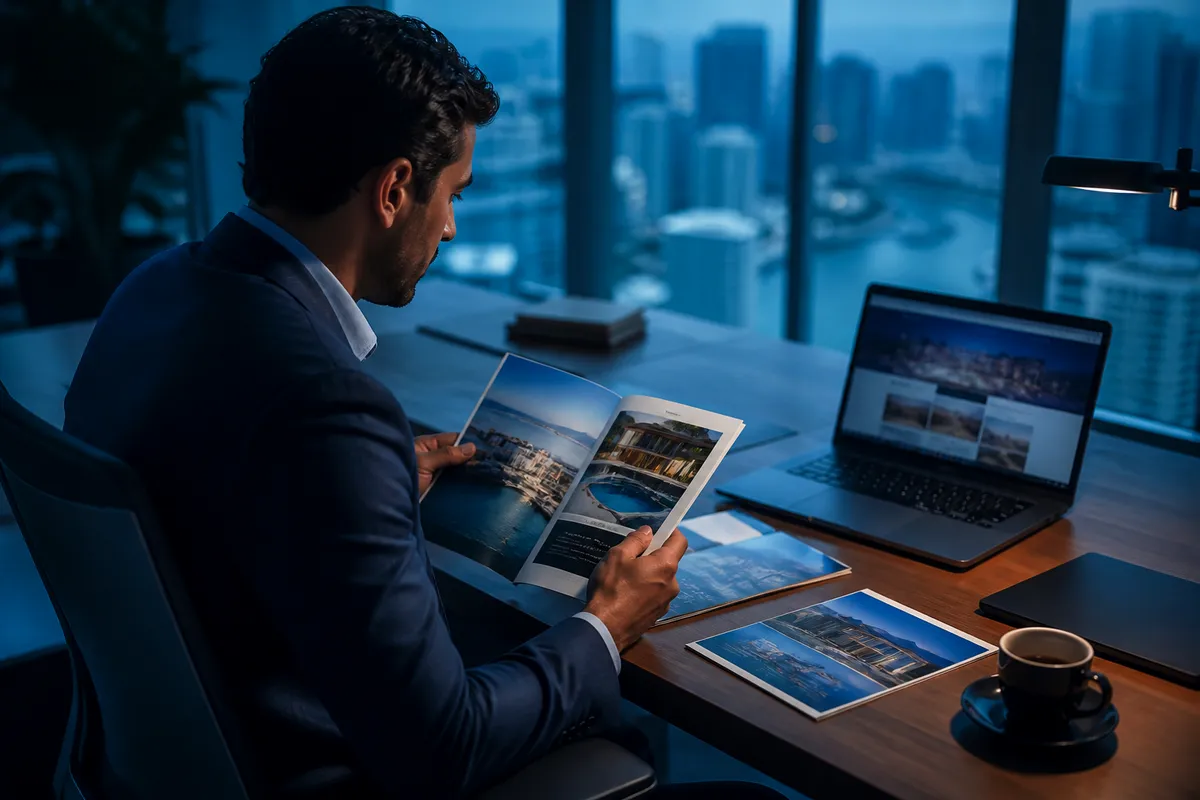 A person analyzing real estate investment options for citizenship programs in a modern office setting.