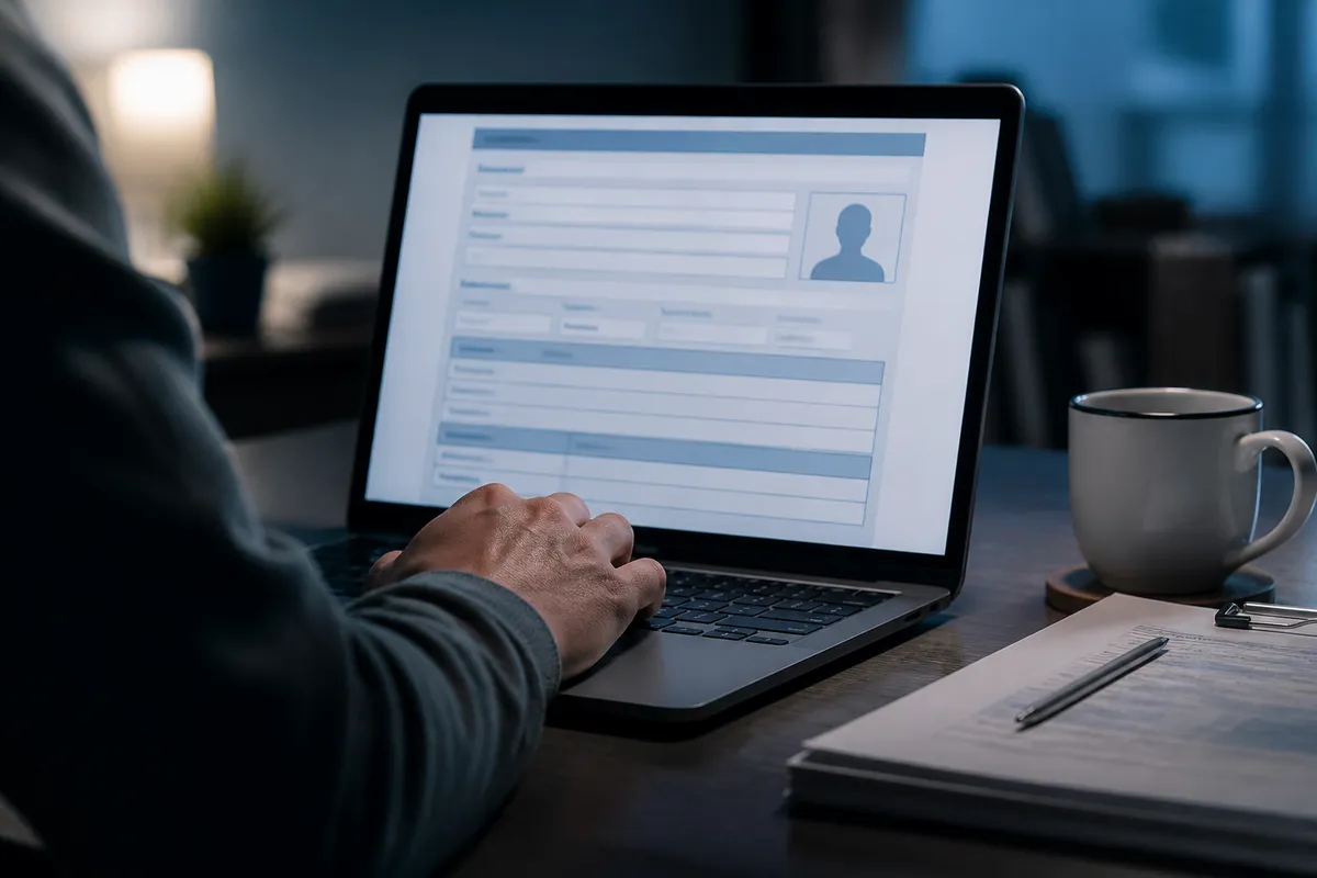 A person completing an online driver's license application in a cozy home office setting.