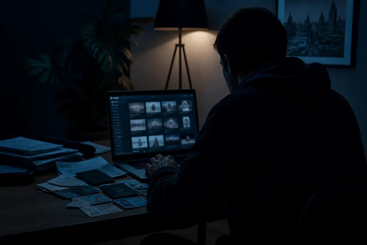 A person examining a dark web marketplace, surrounded by scattered fake documents, highlighting the risks of buying counterfeit items.