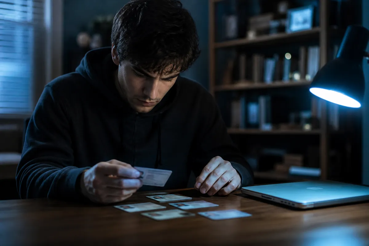 A person carefully checking various government-issued ID cards on a table, highlighting the risks of online ID purchases.