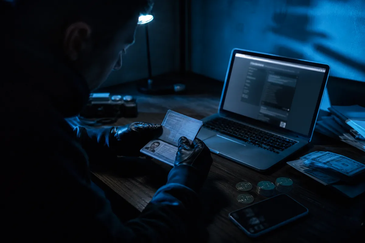 A person inspecting a questionable passport in a dark room, highlighting the risks of dark web purchases.