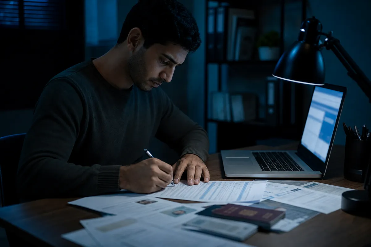 A person completing Form SS-5 for a Social Security card, surrounded by important documents.
