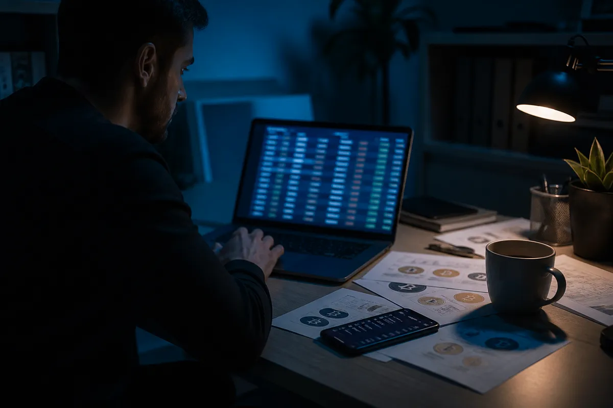 A person examining cryptocurrency transactions on a laptop, reflecting on dark web market sites and their complexities.