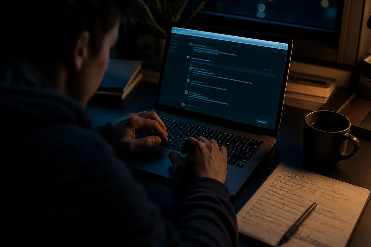 A user engaging with Reddit to explore insights about dark web sites in a cozy workspace.
