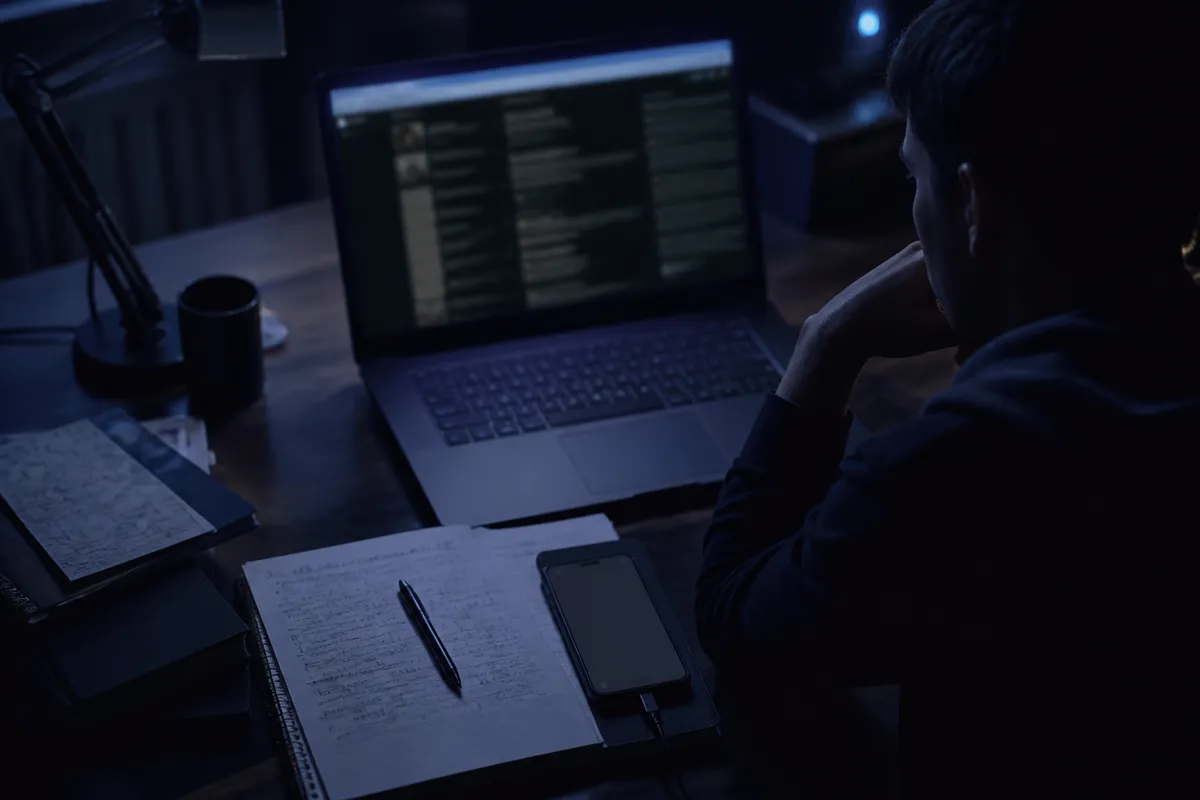 A person engaged in research on dark web websites at a desk, surrounded by notes.