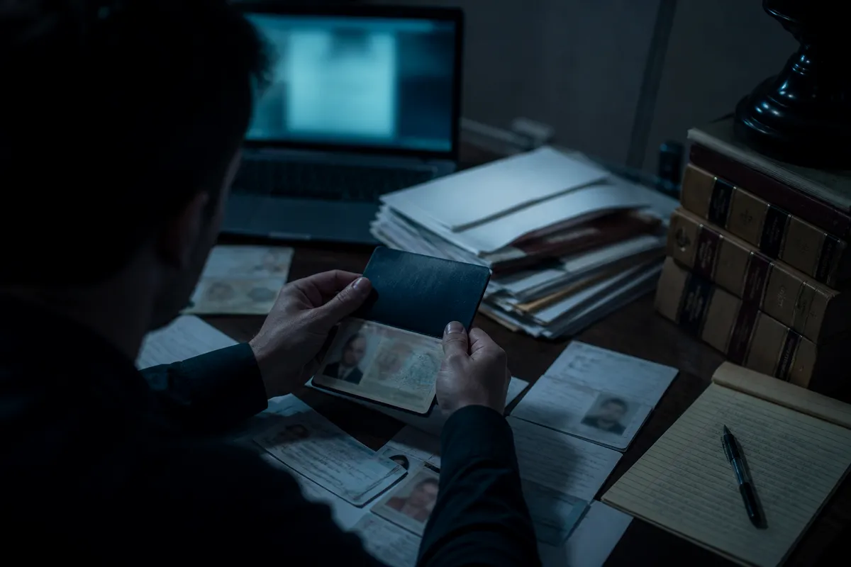 A person examining counterfeit documents in a dimly lit office, highlighting the risks of fake documents.
