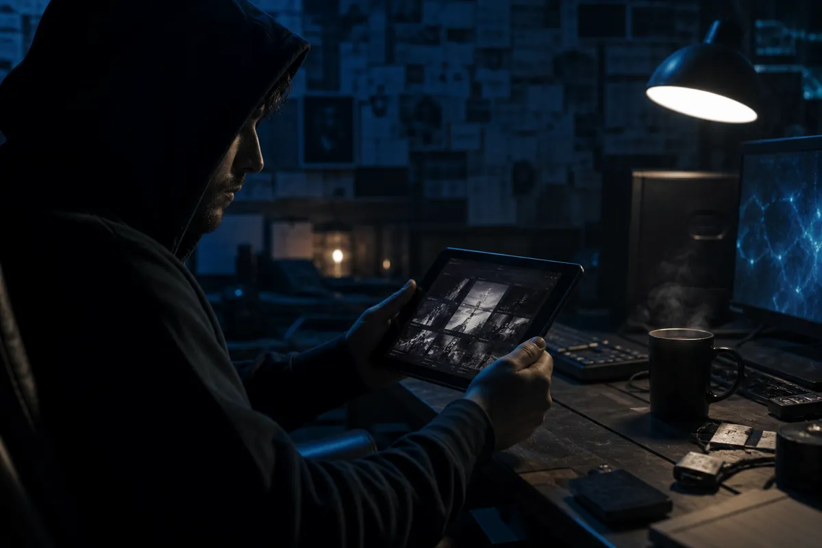A person exploring a hidden web directory using a tablet in a dim room, highlighting the dark web theme.