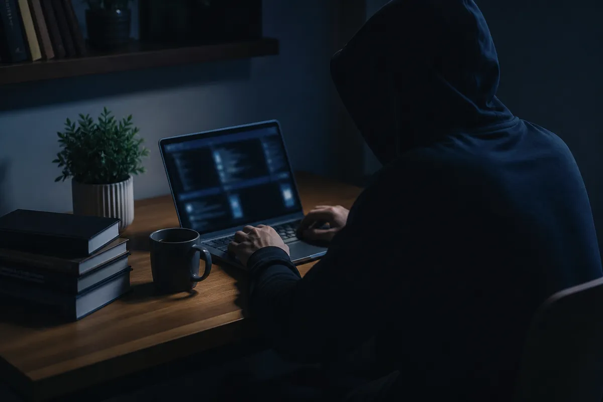 A person studying dark web pages on a laptop in a cozy, dimly lit workspace.