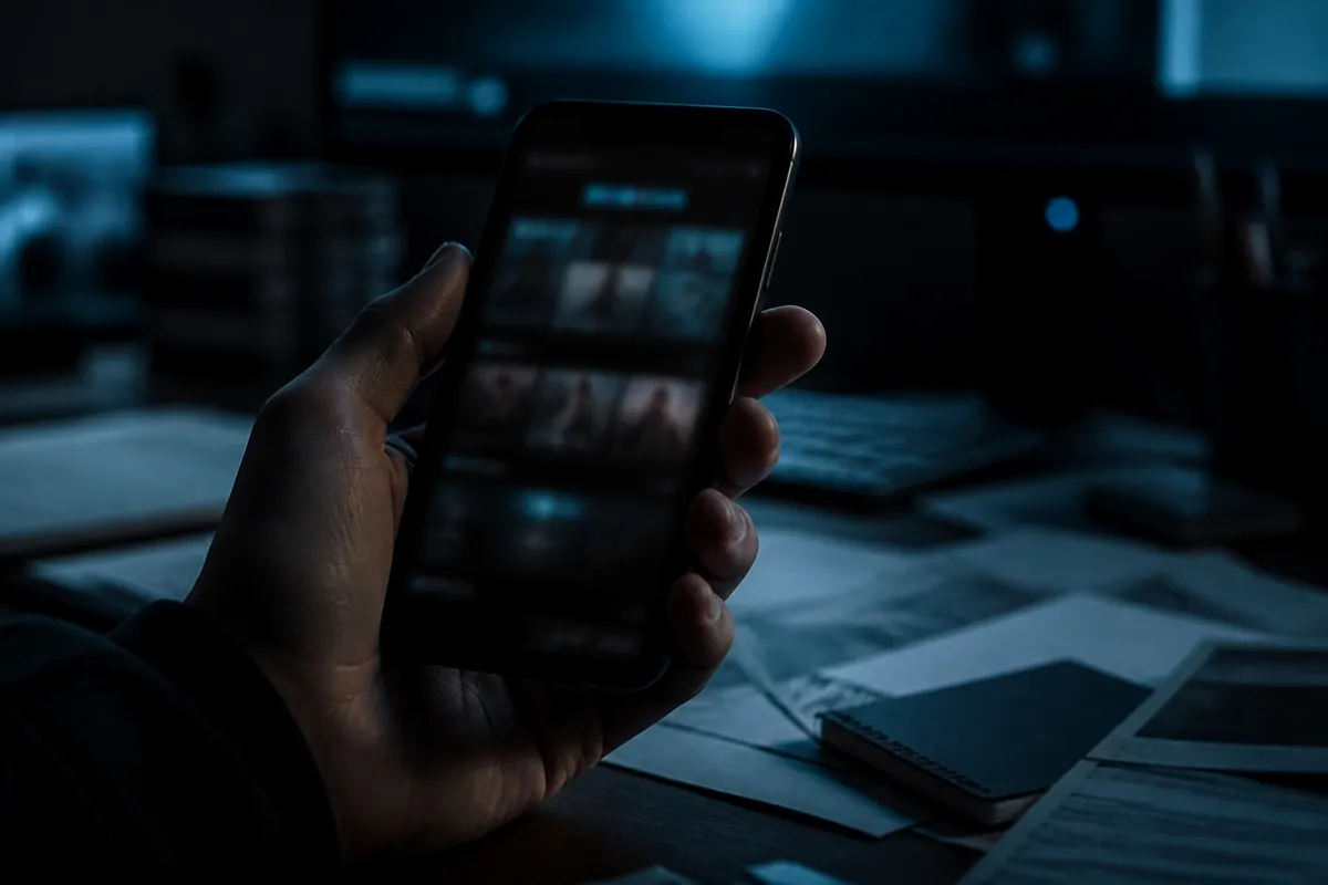 A hand navigating dark web content on a smartphone in a dimly lit room, highlighting safety considerations.